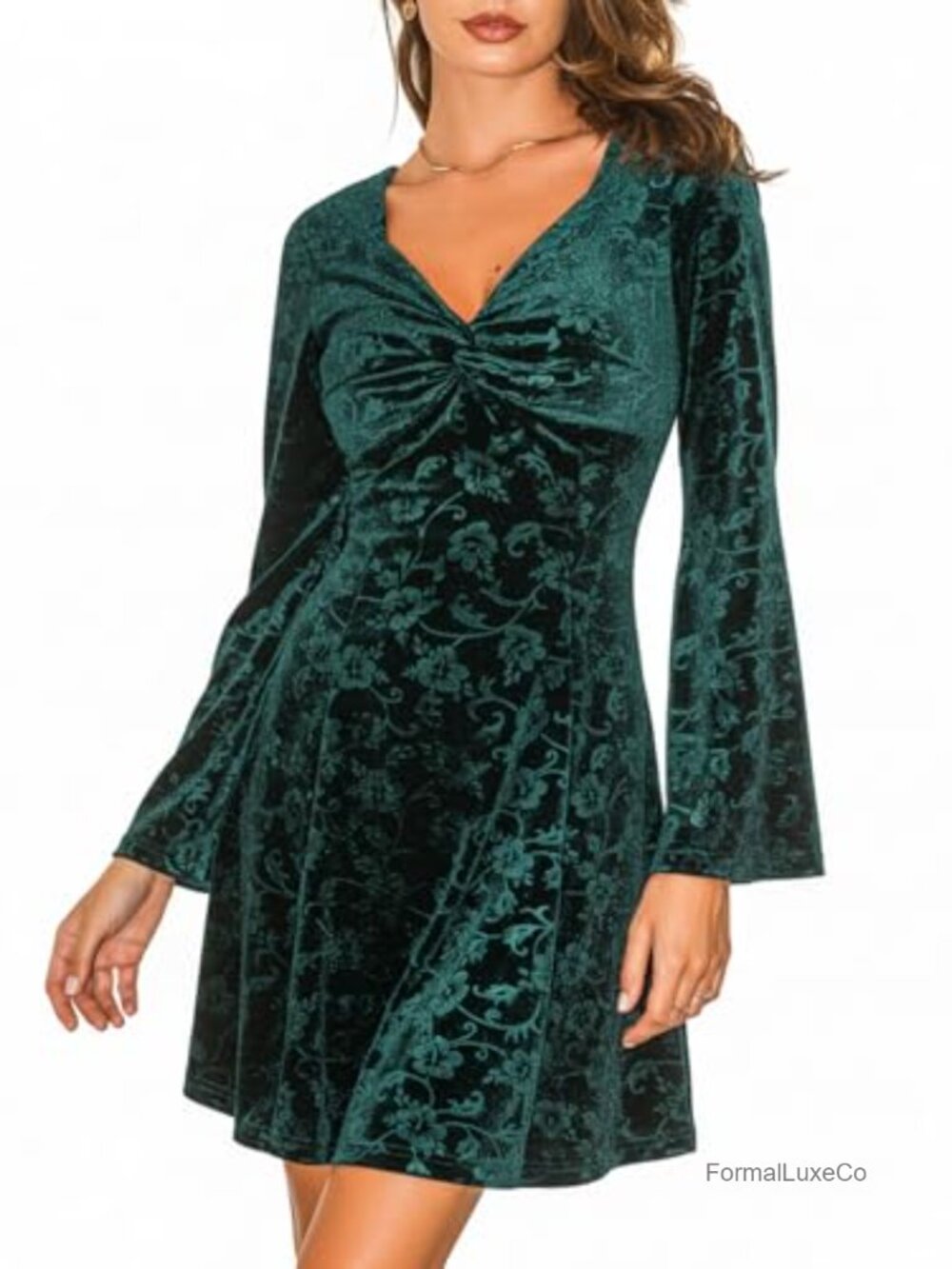 CUPSHE Women's Twist V-Neck Floral Velvet Long Sleeve Mini Dress